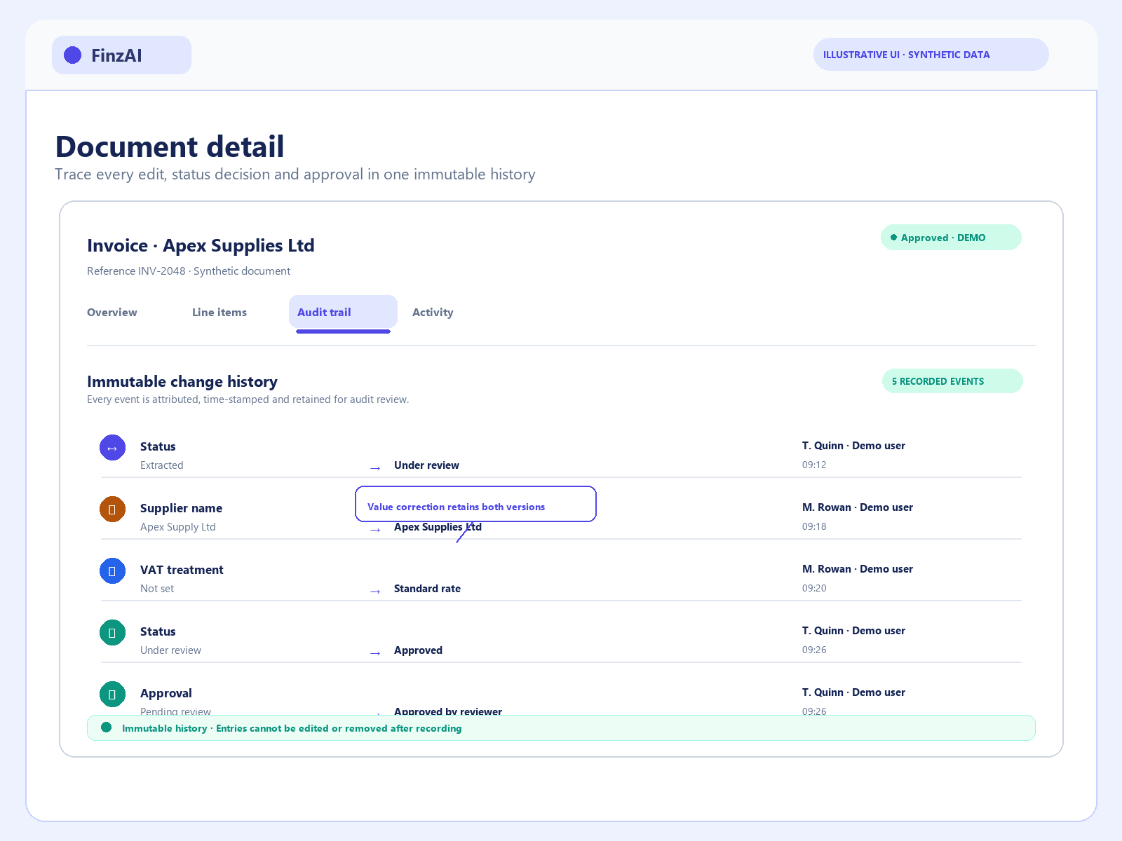 FinzAI audit trail showing field-level change history with user attribution