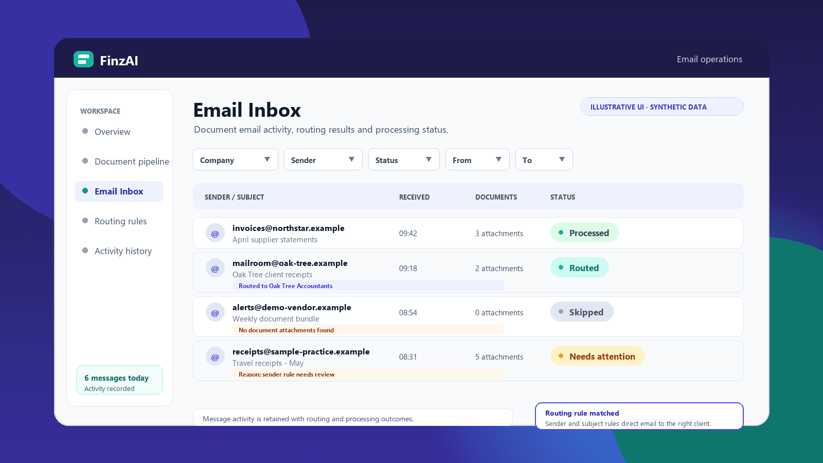 FinzAI email ingestion inbox showing message activity feed and routing status